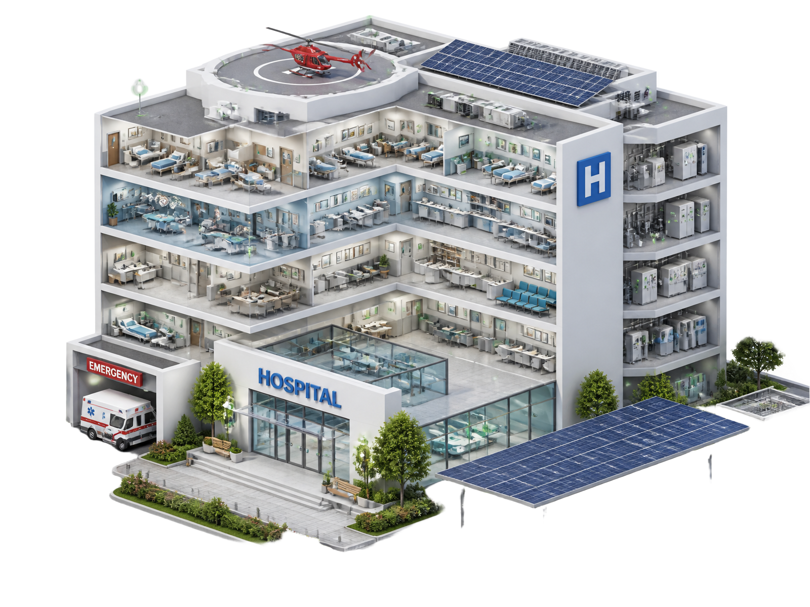 Ilustração isométrica de hospital moderno com sensores IoT SmartHive