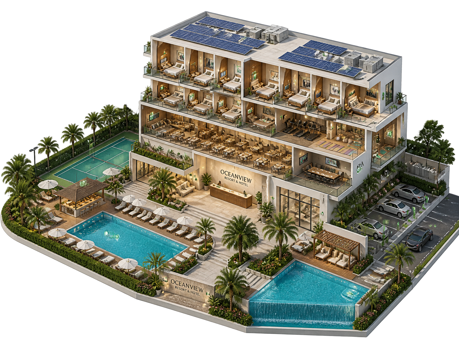 Ilustração isométrica de resort hoteleiro com módulos SmartHive